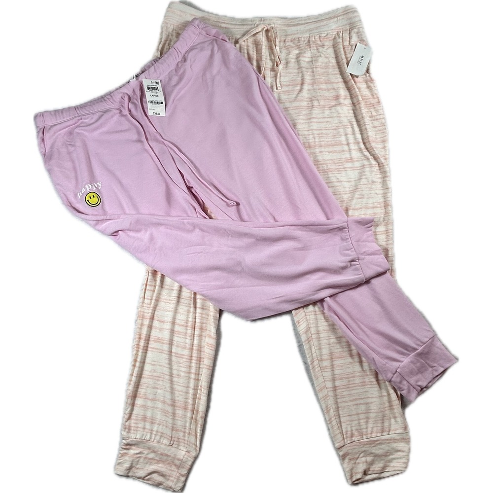 Alfani Intimates Women Pajama Jogger Pants Set 2PK Purple Smiley Stripe L NWT